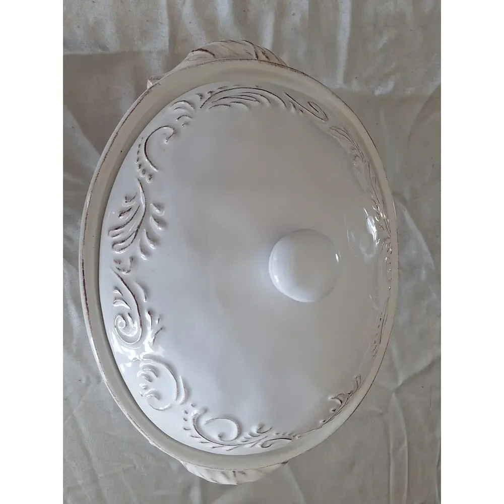 Pier 1 Imports Antique Scroll Oval Covered Vegetable Serving Dish Dolomite 10.25